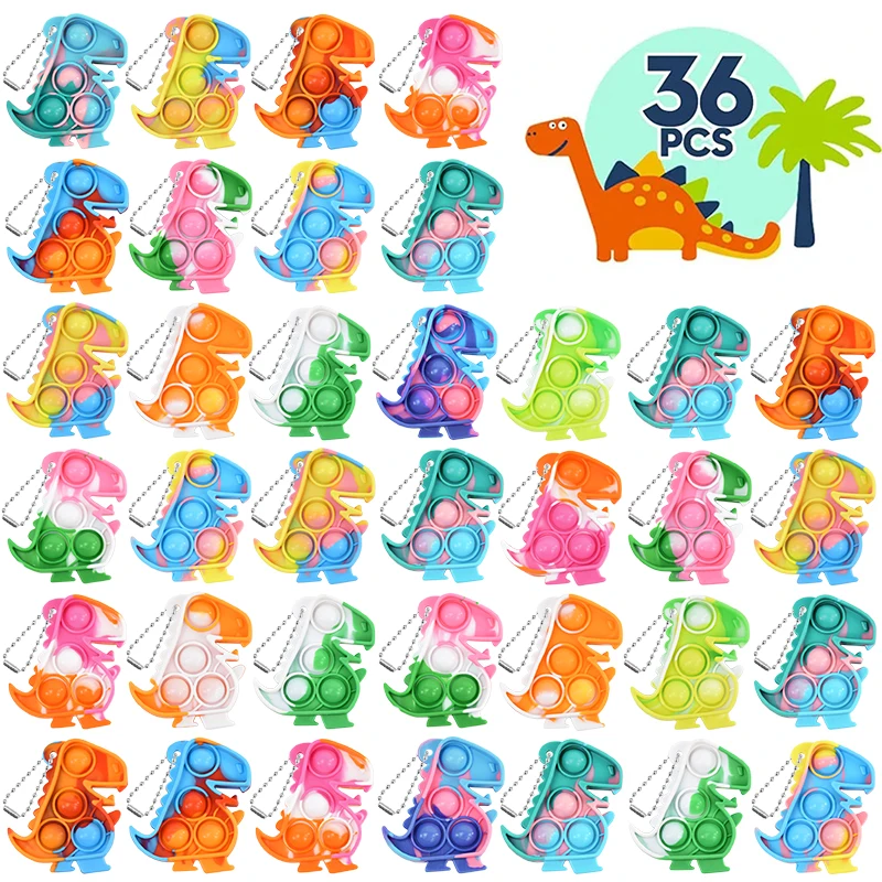 10/36Pcs Dinosaur Pop Keychain Sensory Fidget Toys Bulk Kids Jungle Birthday Party Favors Guest Gifts Goodie Bag Pinata Fillers