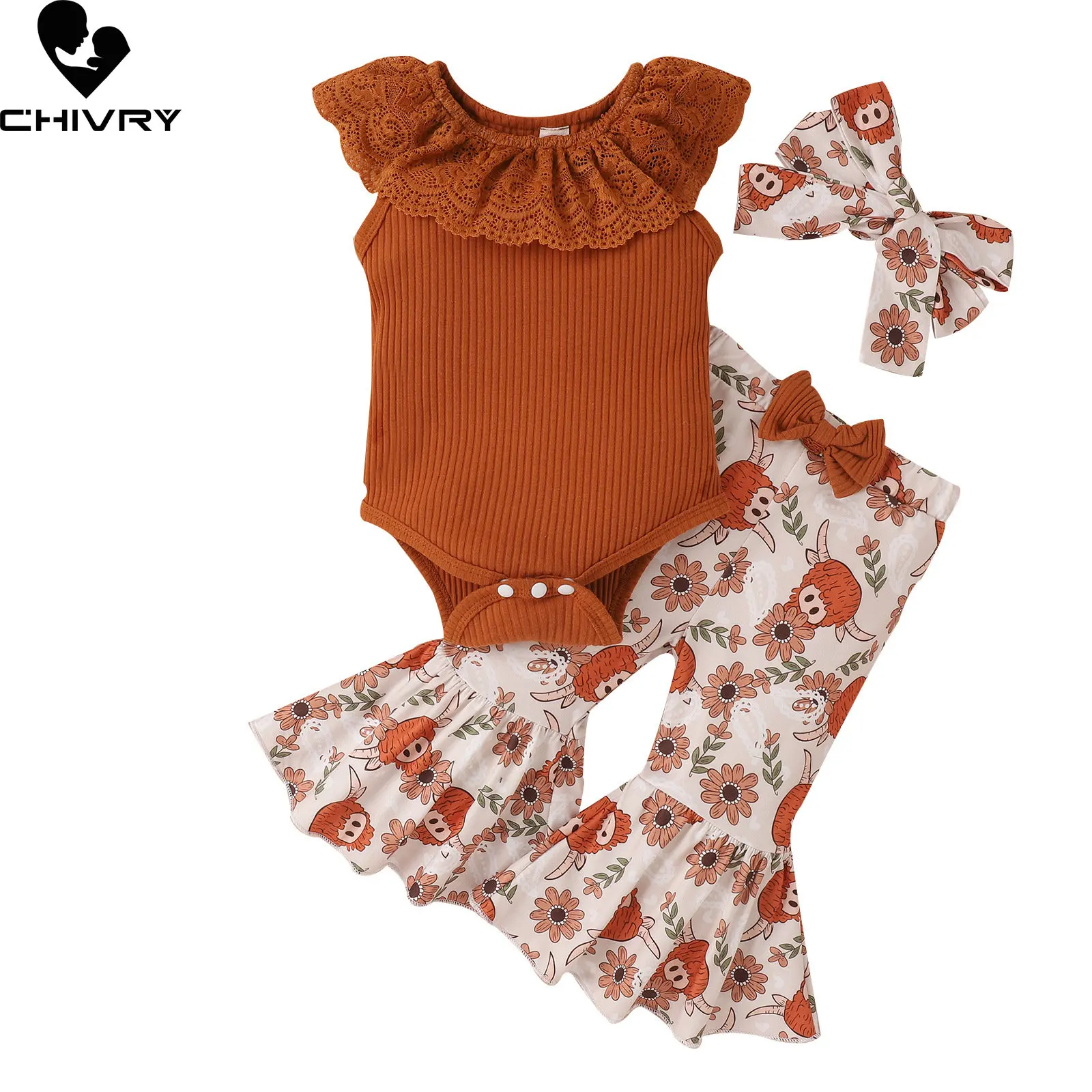 Baby Mädchen Kleidung Setzt Neue 2023 Sommer Neugeborenen Mädchen Spitze Rüschen Solide Bodysuit mit Mode Cartoon Floral Ausgestelltes Hosen