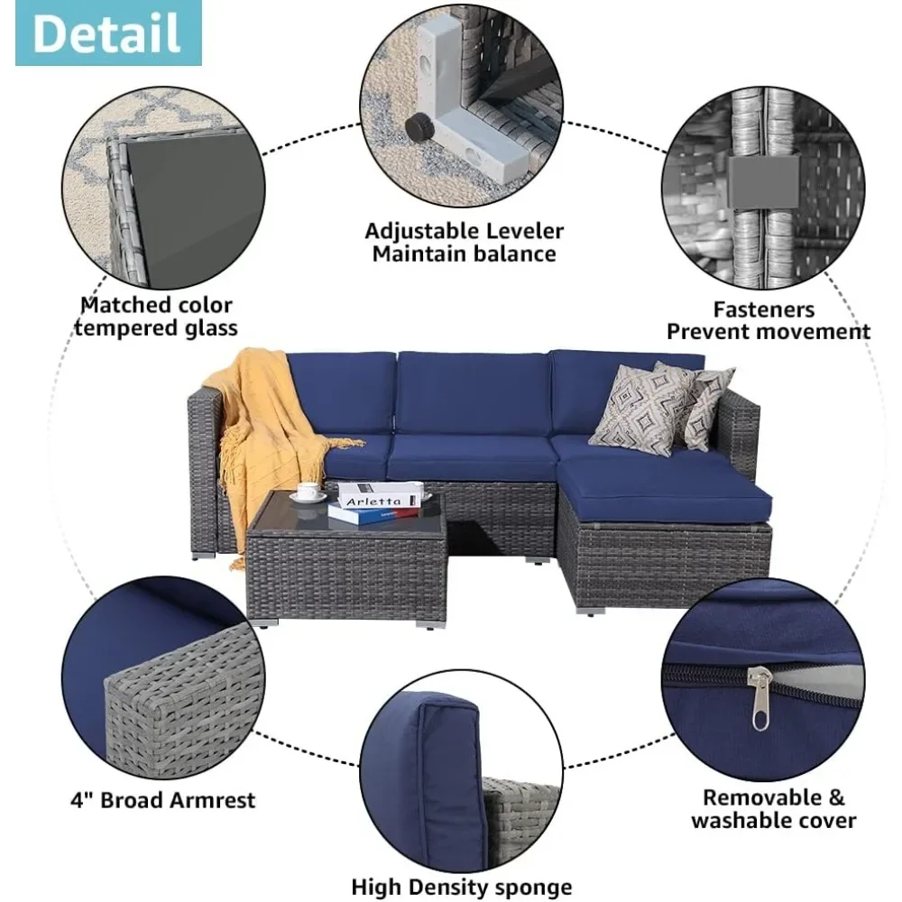 Patiorama 5-Piece Outdoor Patio Furniture Set, Outdoor Segmented Conversation Set, Grey PE wicker with navy blue cushions