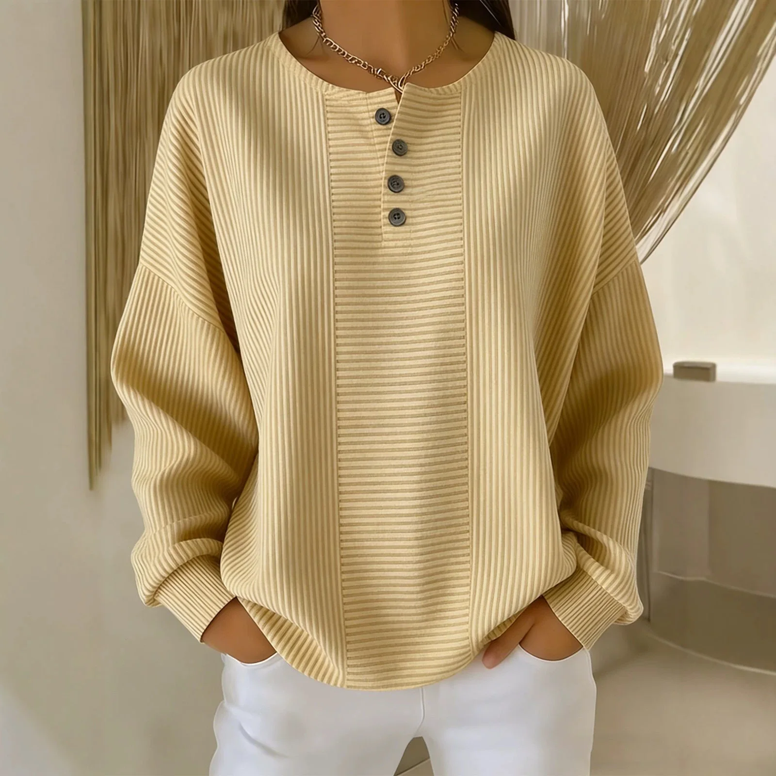 2026 Autumn/winter New Collection: Women's Fashionable Random Strip Long-sleeve Top With Button Detail, Loose Fit, And Circular