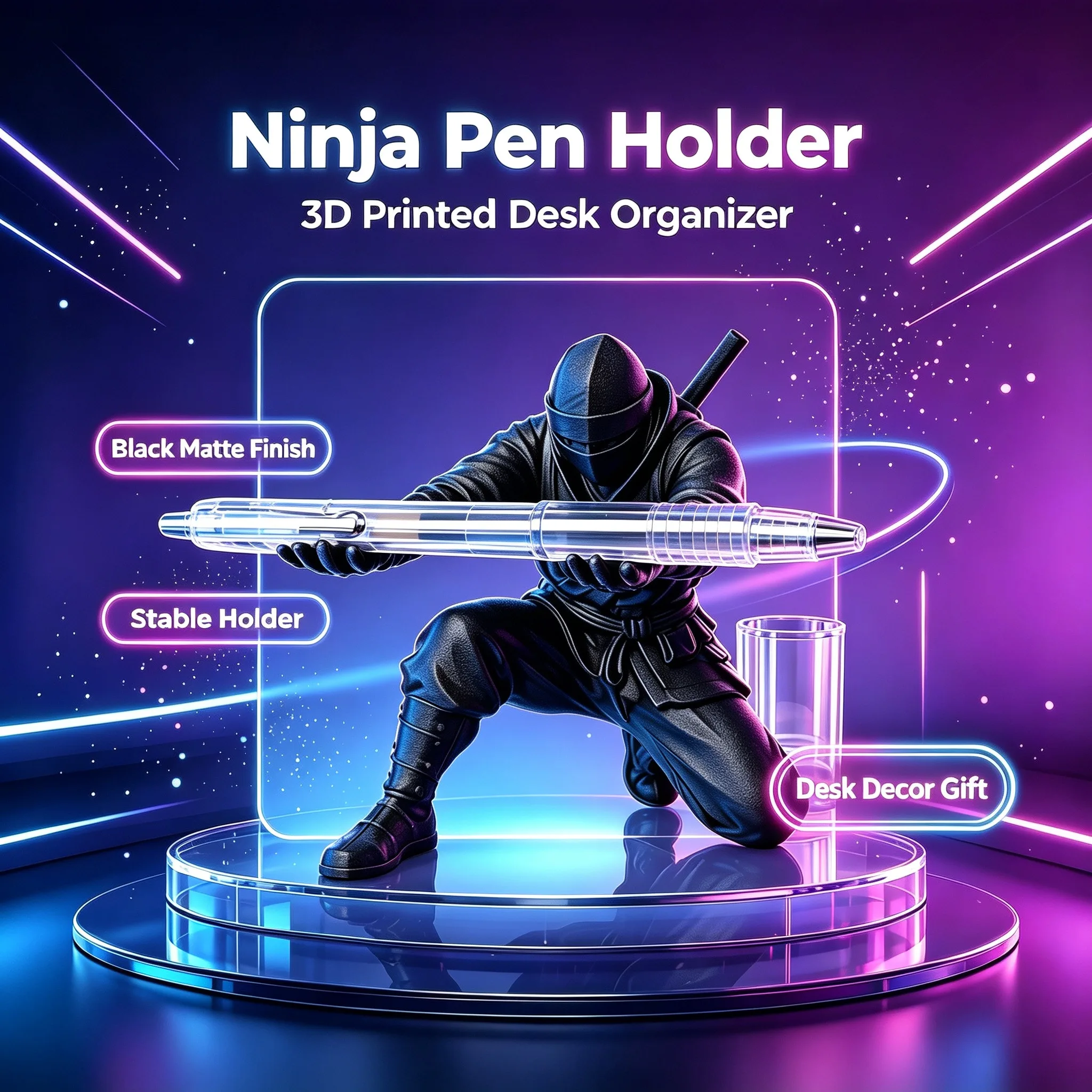 Cool Ninja Pen Holder 3D Print Figurine Creative Desktop Ornament Samurai Figure Pen Stand Home Office Desk Decor Craft Gift Toy