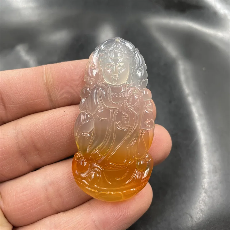 Cheap Jade Pretty Yellow Chalcedony Agate Big Avalokitesvara Pendant Half Yellow Agate Station Guanyin Flame Guanyin