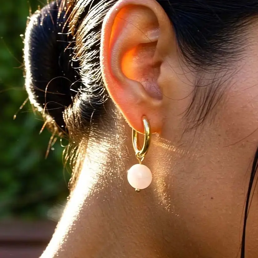 Vintage Boho Pink Heart Natural Stone Dangle Hoop Earrings Gold Plated Smooth Stainless Steel Hypoallergenic Women Fashion Jewel