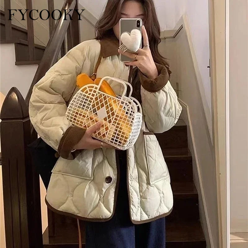 2025 Winter Short Parkas Cotton Jacket for Women Color Contrast Collar Coat Woman Outwear parka mujer