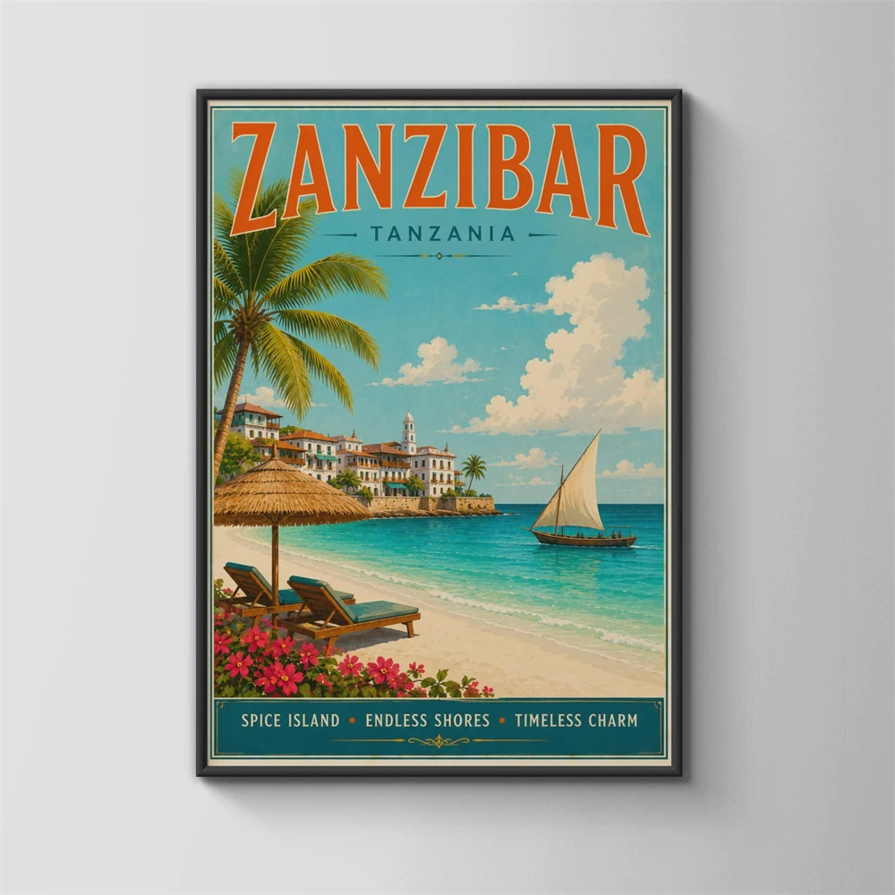 Hanoi Vietnam Vintage Travel Poster Timeless Charm Prints Asian Wall Art Bike and Lake Scene Zanzibar Tanzania Canvas Painting