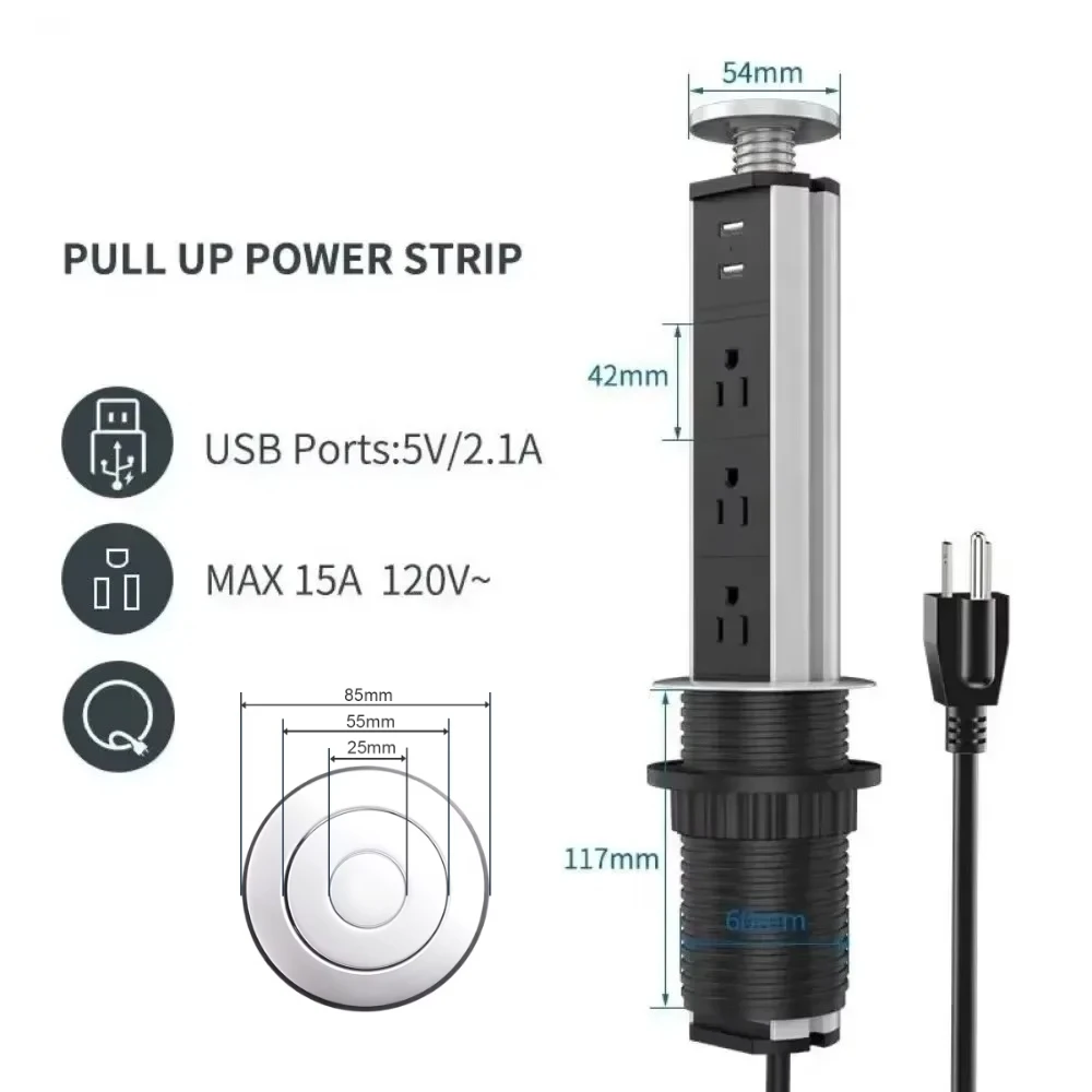 Melery US Type-C ปลั๊กไฟฟ้าแท็บเล็ตซ็อกเก็ต Power Strip Pop Up โต๊ะ SOCKET Outlet ซ่อนห้องครัว USB Charger สายไฟต่อ