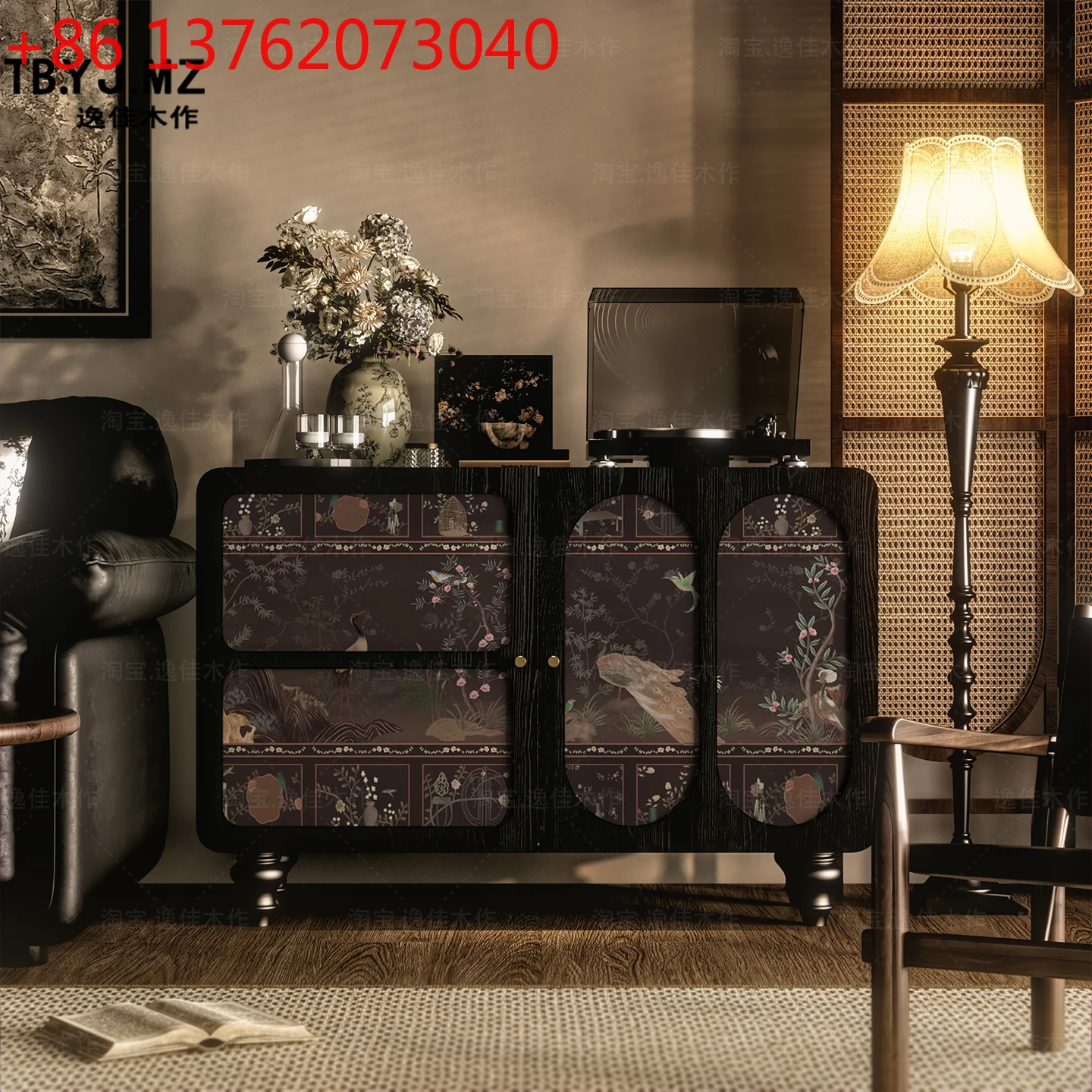New Chinese retro flower and bird solid wood dining side cabinet, entrance cabinet against the wall for storage