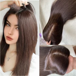 Natural Straight European Virgin Human Hair Topper for Women with Thinning Hair Full Silk Base Toupee with 4 Clips Silk Top