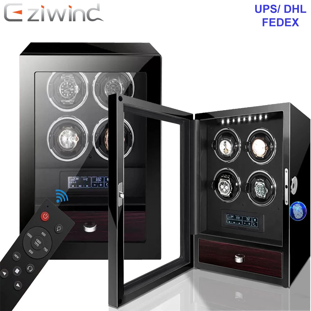 

Watch Winder Fingerprint Lock Automatic Watch Winders for 4 Watches with LED Light, Quiet Mabuchi Motor, LCD Touch Screen