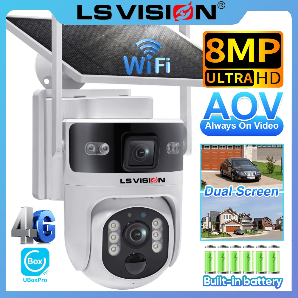 

LS VISION Dual Screens 4G AOV Solar Battery Camera 7/24 Hours Recording 4K WIFI Security Camera Outdoor PIR Auto Tracking Ubox