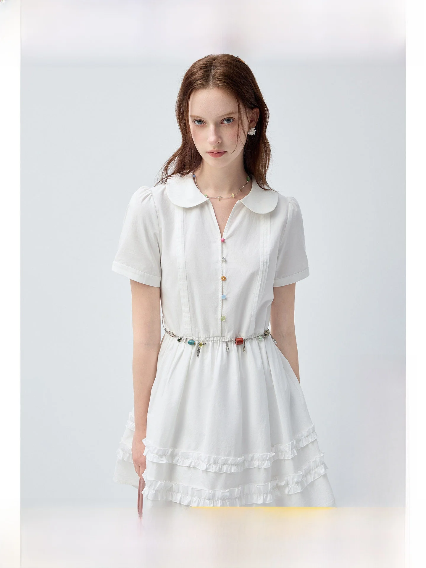 

Летнее универсальное платье Sweet Style для полных женщин: короткое, А-силуэт, с кукольным воротником и утягивающей талией