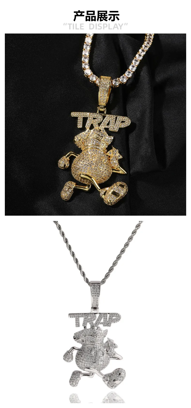 Running Trap Man Bling Bing Iced Out Pendant Necklace Rock Rapper Fashion Hip Hop Jewelry BP313