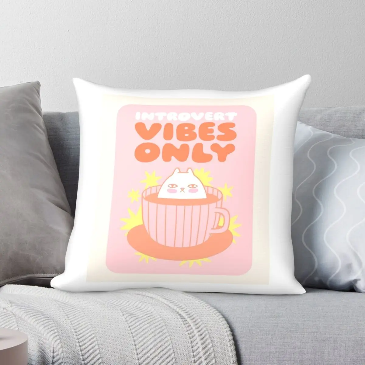 Introvert Cat Vibes Square Pillowcase Polyester Linen Velvet Printed Zip Decor Throw Pillow Case Room Cushion Cover