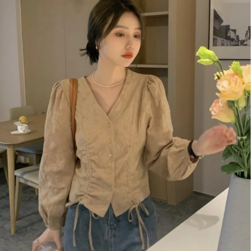 

Women's Bubble Sve irt V-Ne Dstring Loose ort Spring Autumn Top Pure Color Long Sve Button Closure