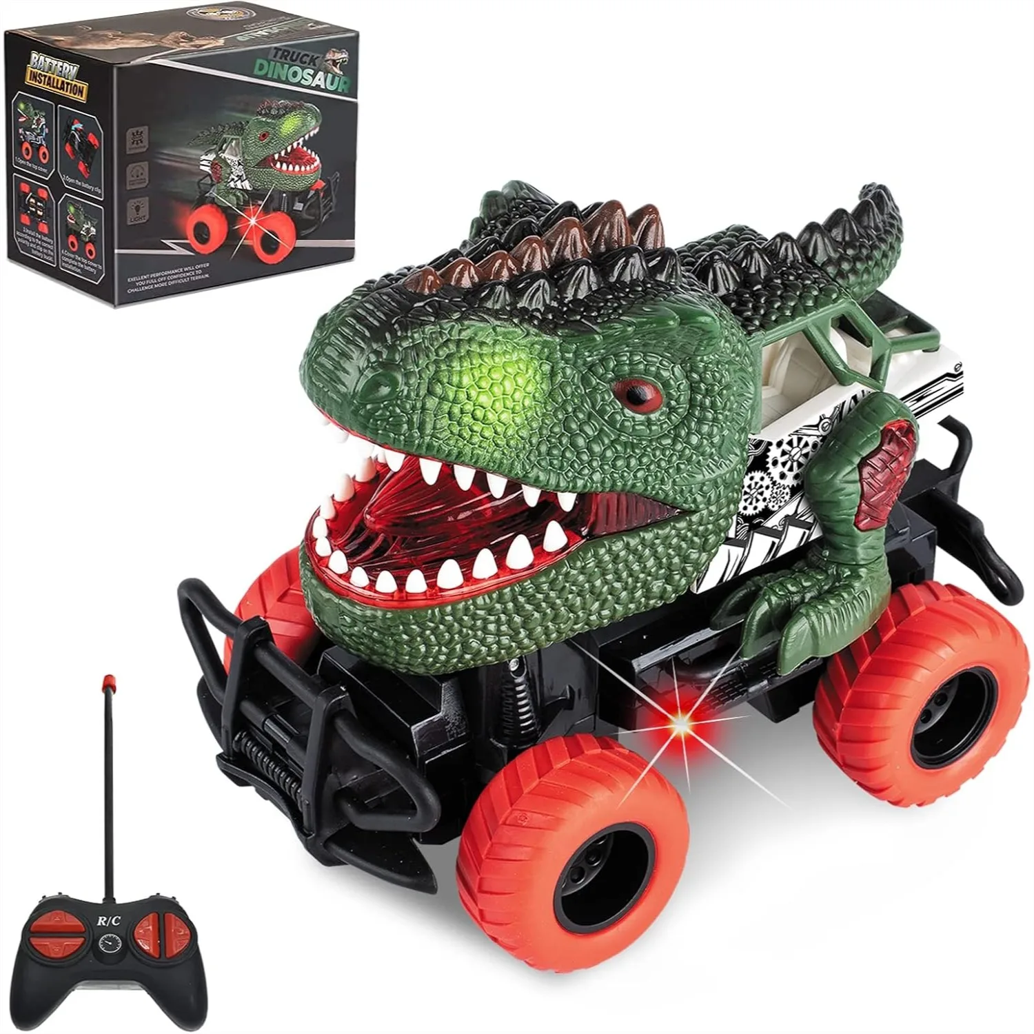 

Игрушечная машинка-динозавр на радиоуправлении для детей 3-7 лет, RC-грузовик с LED-подсветкой, ударопрочными резиновыми шинами, безопасный пластик ABS