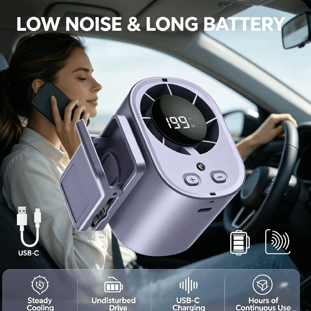 Car Air Conditioning Fan Clip Portable USB-C Rechargeable Cooling Fan with LED Display 360 Rotation Low Noise Large Battery Fan