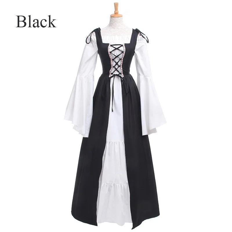 European Clothing America Square Neck Bundle Waist Medieval Renaissance Vintage Dresses Womenswear Long Dresses ملابس أوروبية