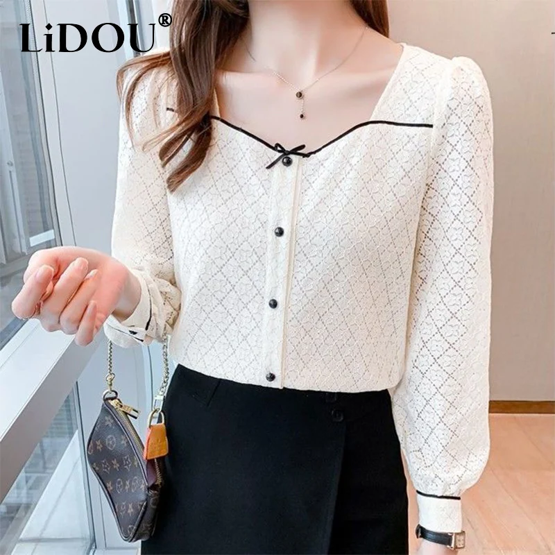 Spring Autumn Square Collar Elegant Fashion Lace Shirt Women Long Sleeve All-match Tops Ladies Bow Hollow Out Cardigan Blouse