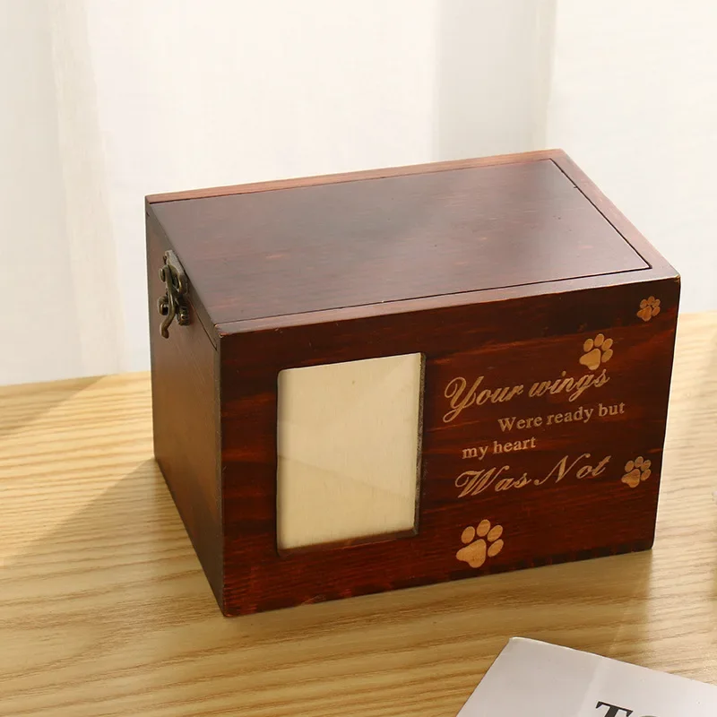 Solid Wood Pet Urn Funeral  Cat and Dog Memorial Box with Picture Frame Unique Handcrafted Pine Wood Pet Casket with Lid