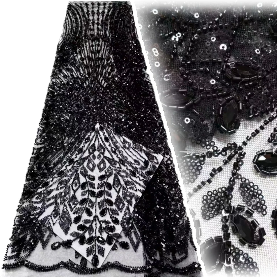

African Luxury Hand-Beaded Stone Lace Fabric High-Quality Nigerian Sequin Tulle Lace Fabric Wedding Gown & Evening Dress 1959
