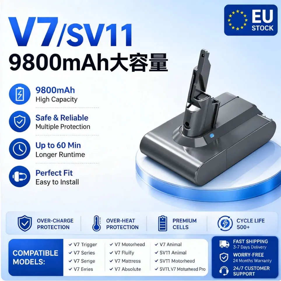 Expédition rapide UE Batterie de remplacement 9800mAh 21.6V compatible avec l'aspirateur sans fil Dyson V7 SV11 Motorhead Pro Trigger Animal Car+Boat Fluffy