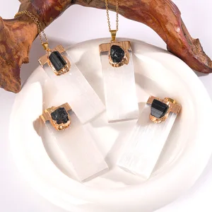 Natural Selenit Halskette, weiße Gips, Schwarze Tour Tour, Kristallquarz, Reiki Gagestone für die Reinigung, DIY -Schmuck, 1PC 8 Hauptverkäufe Selenit- und Turmalinarmbänder - №6