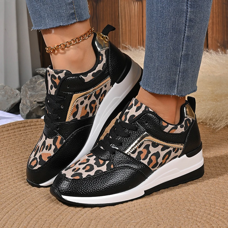 2025 Plus Size Leopard Print Sneakers Women Pu Leather Platform Sneaker Shoes Woman Comfortable Non Slip Lace Up Shoes Female