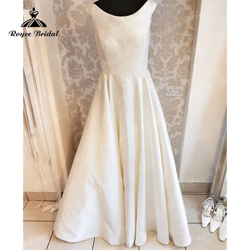 Einfache Scoop Neck Satin Spitze Appliques Cap Sleeve EINE Linie Weddding Kleid mit Tasten Strand Boho Robe Mariee vestidos de novia