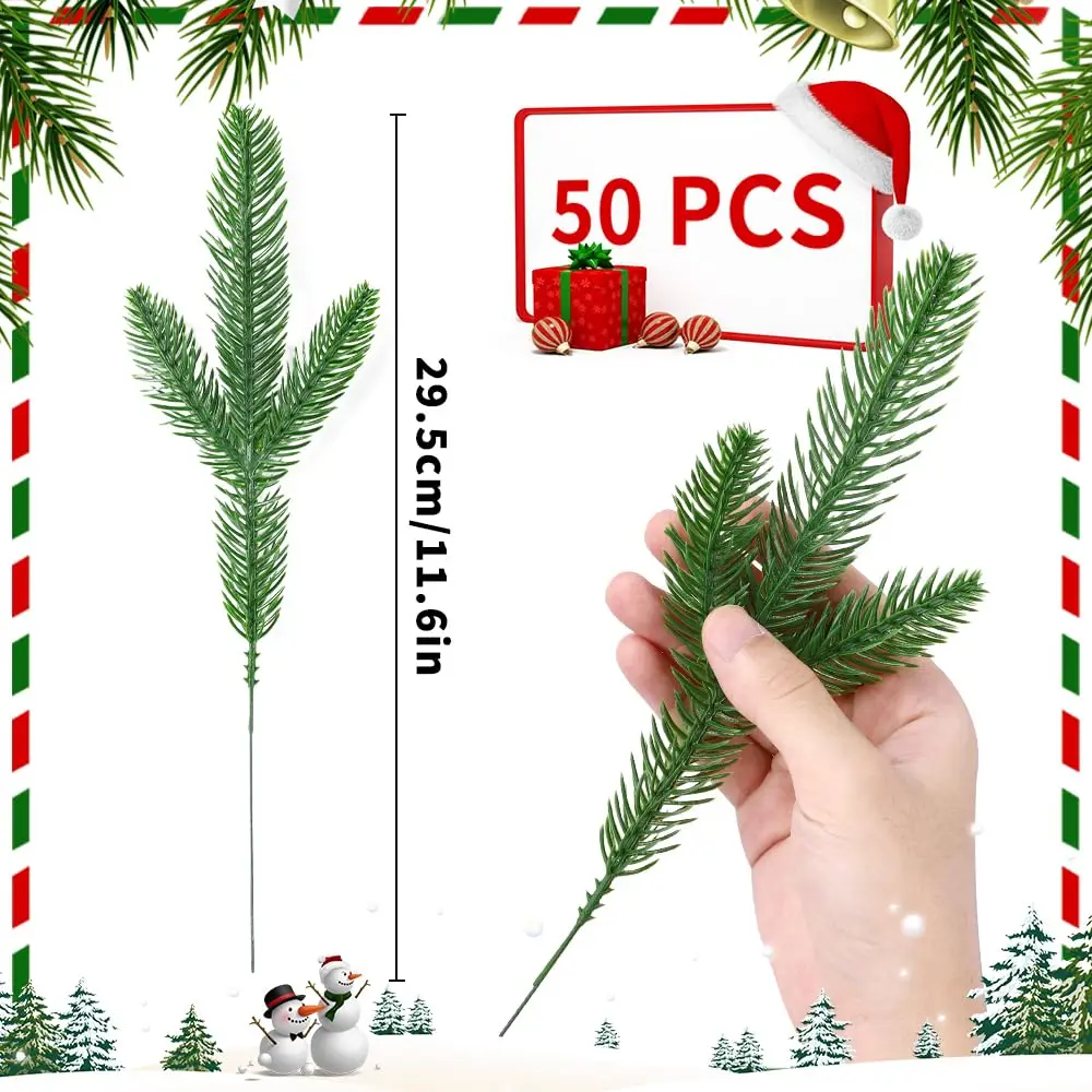 50 PCS Artificial Pine Branches Christmas Faux Pine Greenery Stems Fake Cedar Pine Needles Picks Crafts Holiday Home Decoration