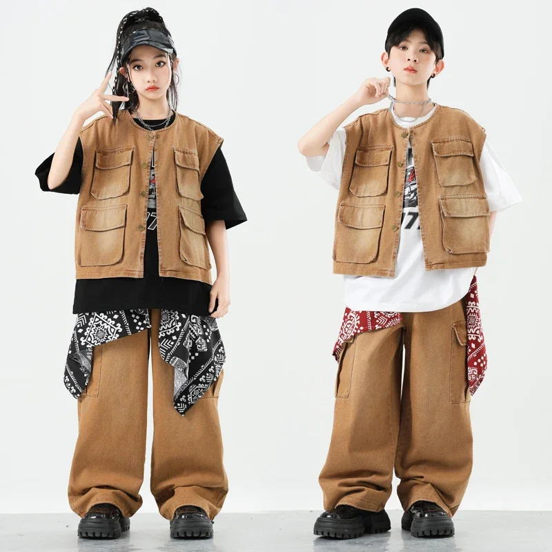 Hip Hop Stage Boys Vest Tshirt Cargo Pants Girls K-pop Cool Jazz Jacket Street Dance Costumes Children Clothes Kids Streetwear