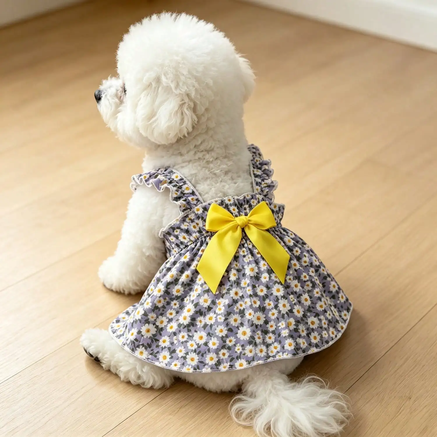 Sommerkleid für Haustiere, ärmellos, mit Blumenmuster, Rüschenriemen, großer Schleife als Dekoration für kleine Hunde, für den täglichen Gebrauch und Partys. – Detail 7