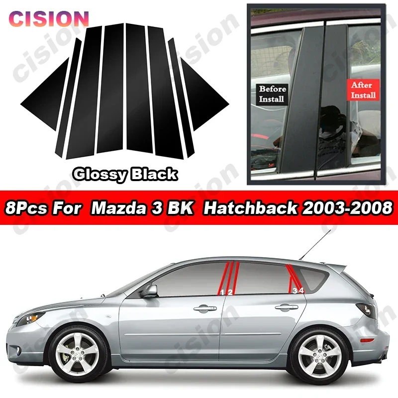 Glossy Carbon Fiber Chrome Black Door Window Center Middle Column B C Pillar Post Cover Trim PC Sticker For Mazda 3 BK Hatchback