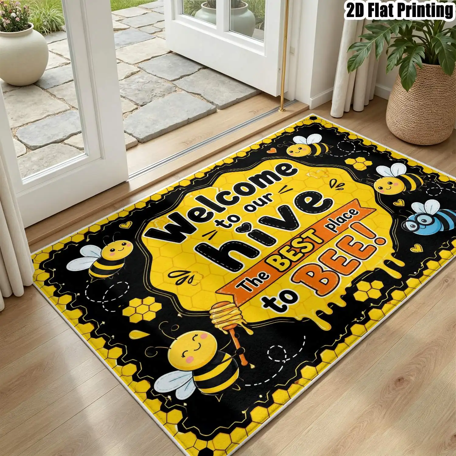 1Pc 2D Printed Velvet Carpet, Yellow Bee Cartoon Nordic/Instagram Style, Machine Washable, Multi-Size, Home Decor Floor Mat