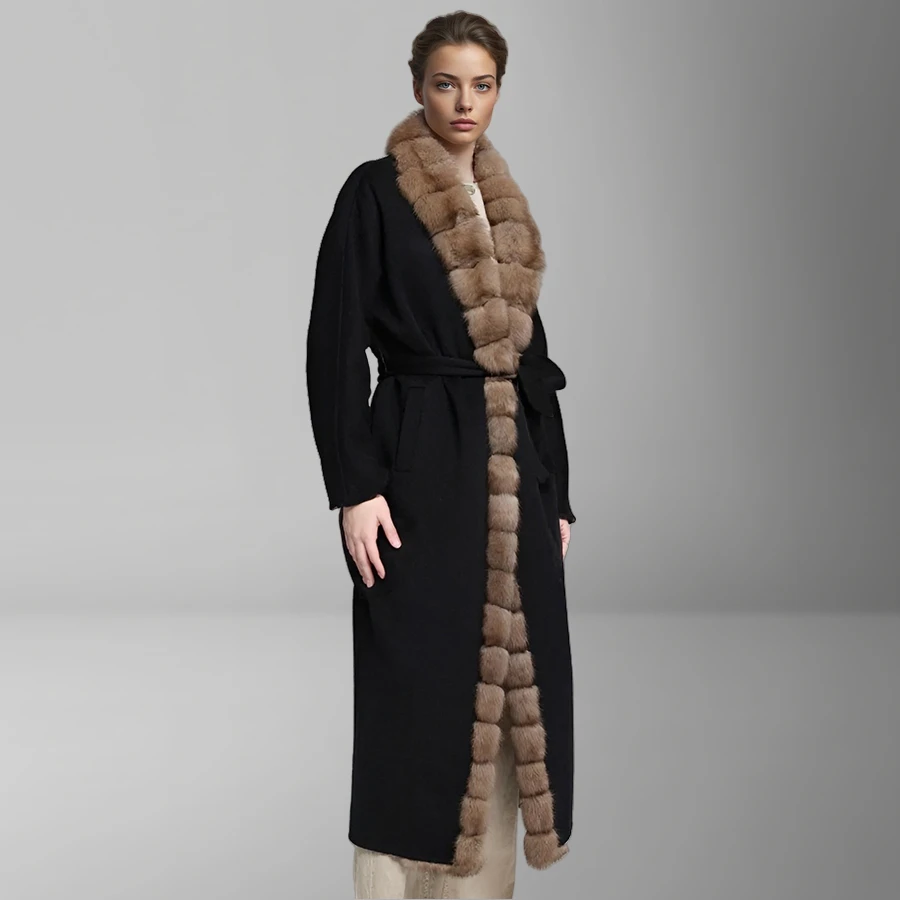 

Women's Woolen Coat With Fox Fur Large Collar New Long Cashmere Wool Coat Natural Fox Fur Coat Luxury Fashion Real Fur Coat