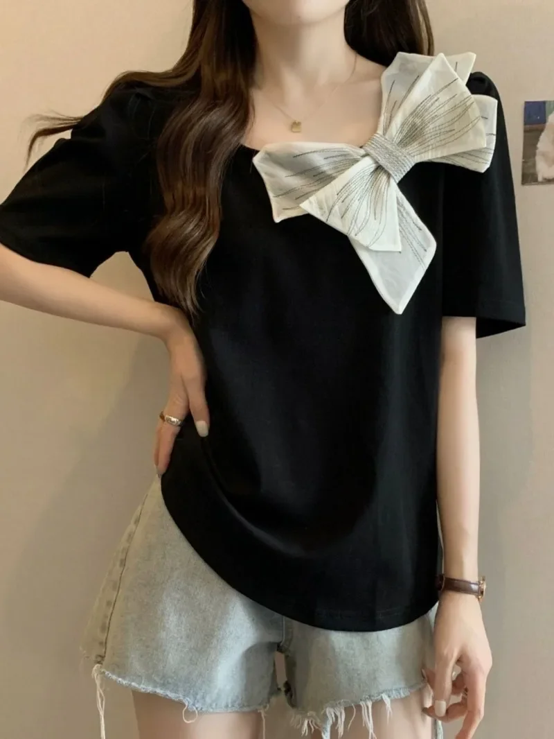 Nice Femme Summer Korean Fashion Bow Solid Color O-neck Short Sleeve Women Clothes Simplicity All-match Young Style Temperament