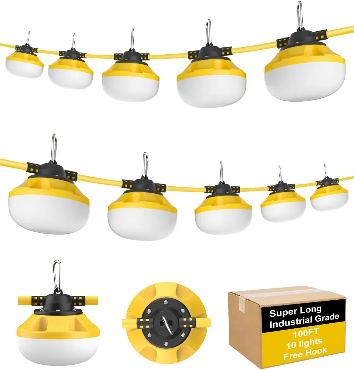 

100FT LED Construction String Lights, 100W 10000LM, 10 Bulbs, Linkable 5000K, Weatherproof for Job Sites