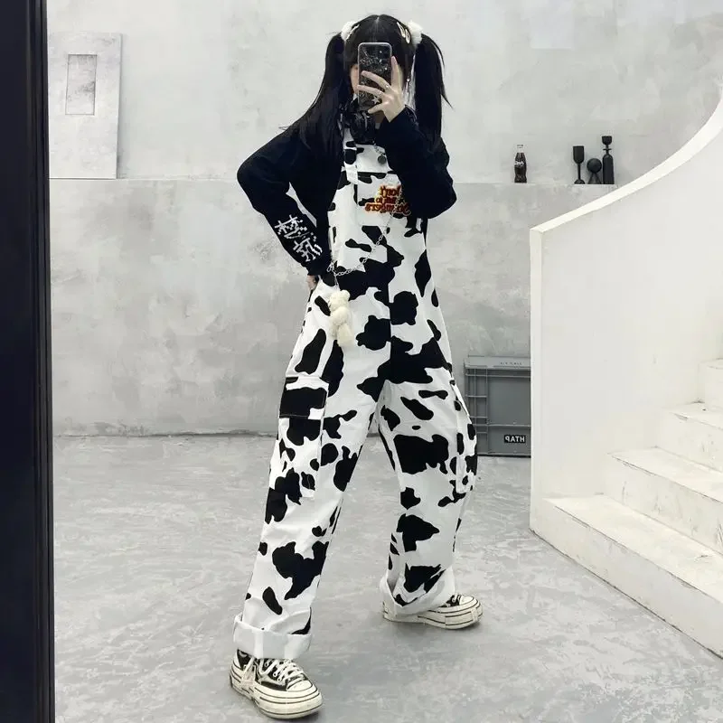 2024 Street Hip-hop Harajuku Girl Cow Print Oneies for Women Black White Plaid Overalls Casual Jumpsuit Trousers Baggy Pants