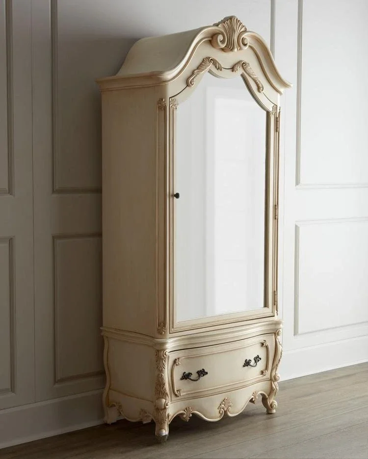 European neoclassical solid wood oak carved wardrobe, villa retro old decorative cabinet, bedroom mirror