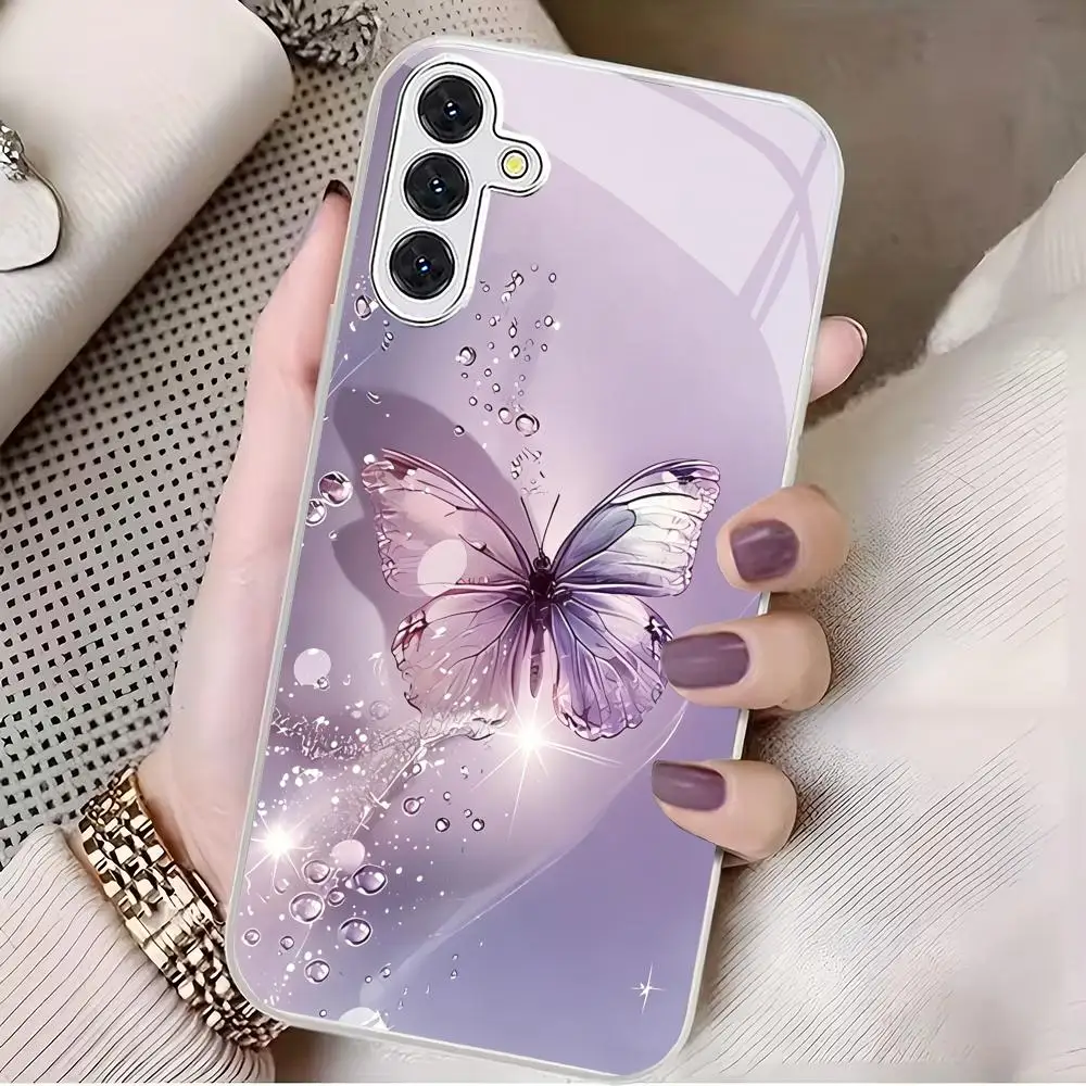 Purple butterfly silver plated glass phone case suitable for Samsung Galaxy S26 S25 S24 S23 S22 S21 S20 FE/Ultra/Plus anti drop