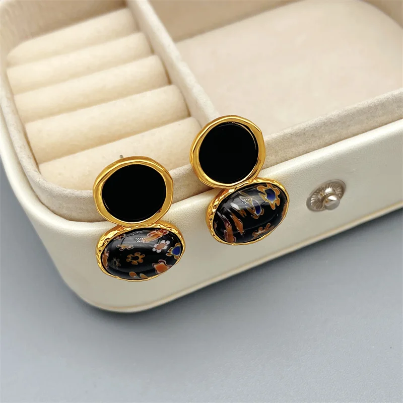 

European And American Retro Irregular Inlaid Natural Stone Agate Stud Earrings For Women Personality Fashion Elegant Earrings