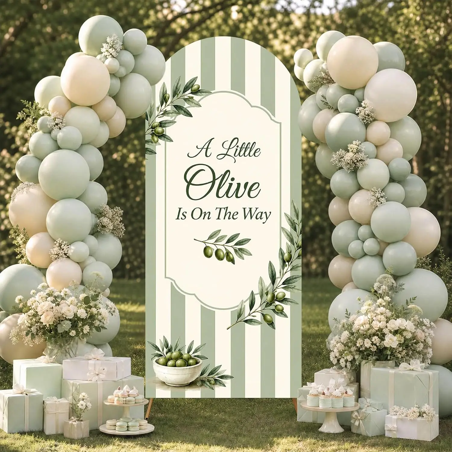 Olive Baby Shower Decor Arch Backdrop Cover Sage Green a Little Olive is on the Way Background for Gender Neutral Party Supplies