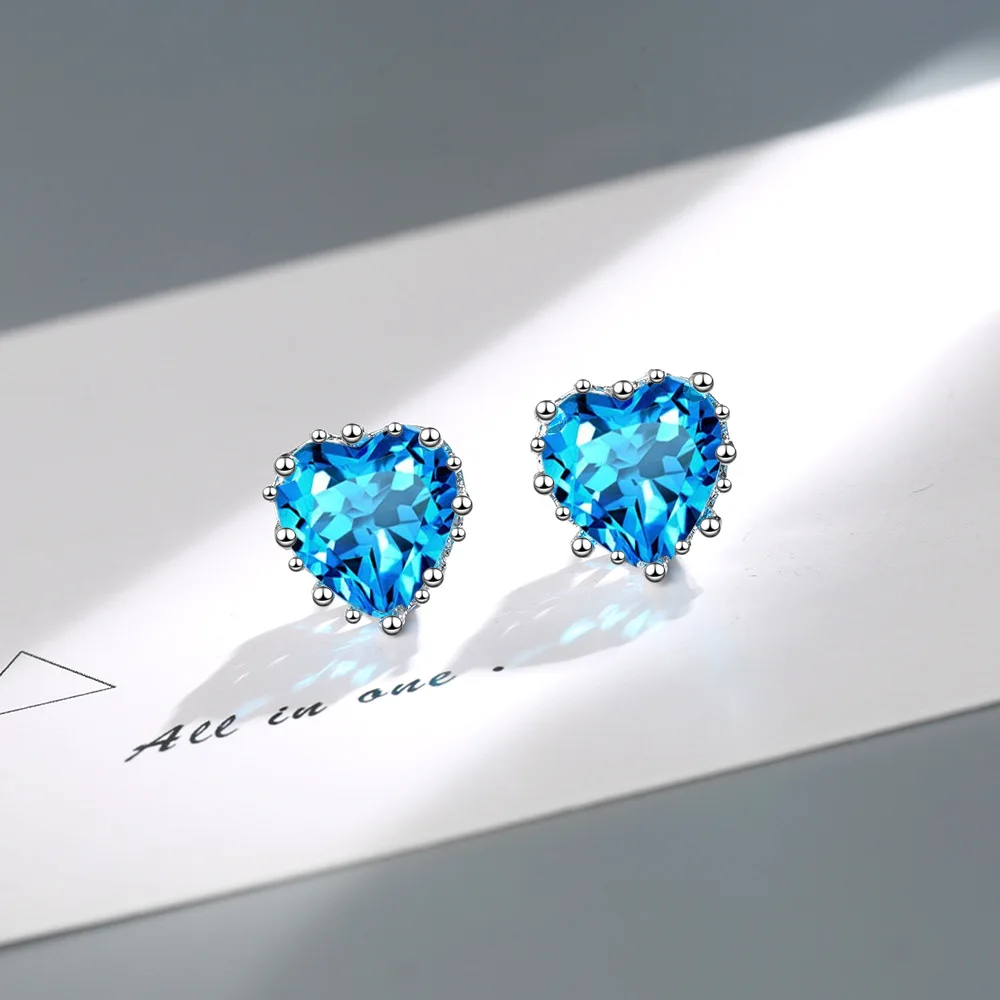 925 Sterling Silver Heart Blue Zircon Stud Earrings For Women Luxury Designer Jewelry Gift Female  GaaBou Jewellery