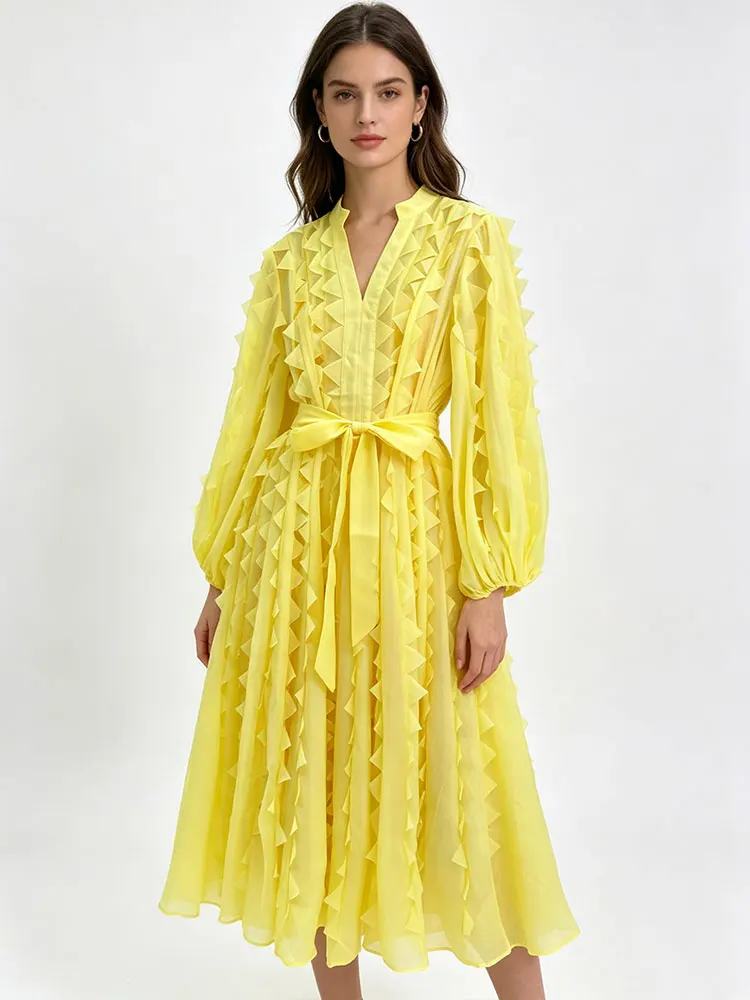 

Retro semi-open collar long sleeve stitching ruffled loose dress Spring women's new fashion waist lace big swing holiday dress