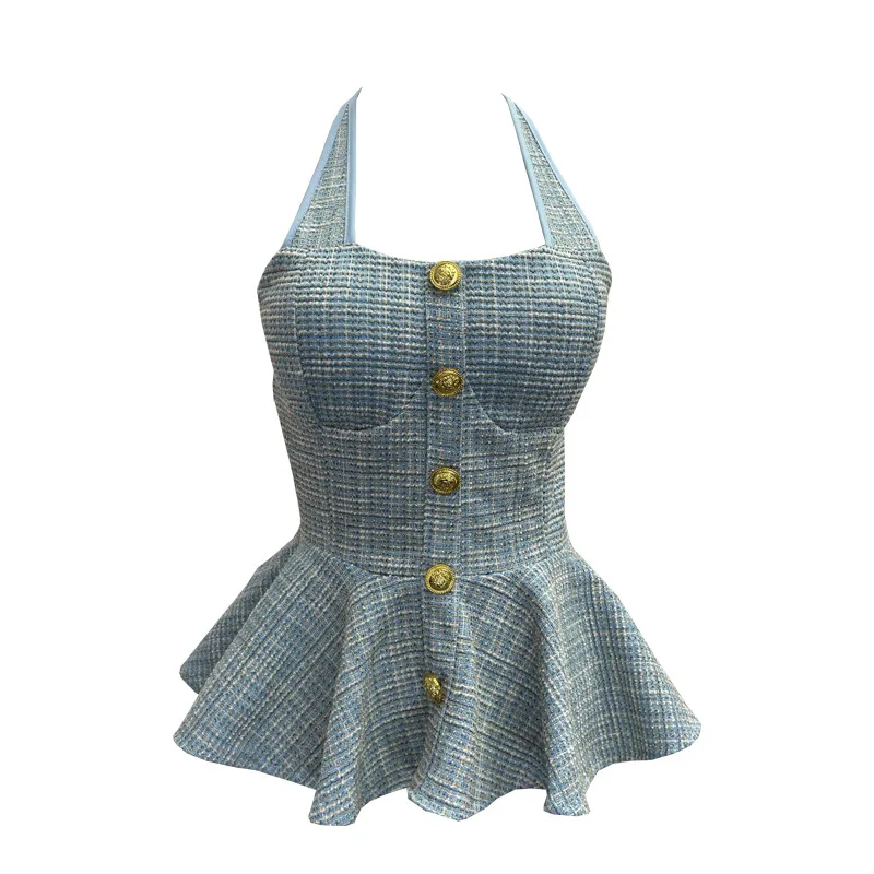 ISAROSE 트위드 홀터 탑 여성용 초여름 민소매 브라리스 우산 모양의 밑단 골드 컬러 버튼 체크 무늬 탱크 탑