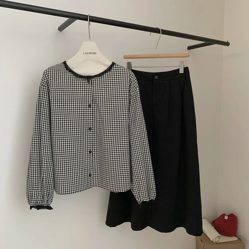 Damesblouse Koreaanse versie Ronde hals Geruite kanten panelen Mode Casual zoet overhemd Losse veelzijdige top met lange mouwen