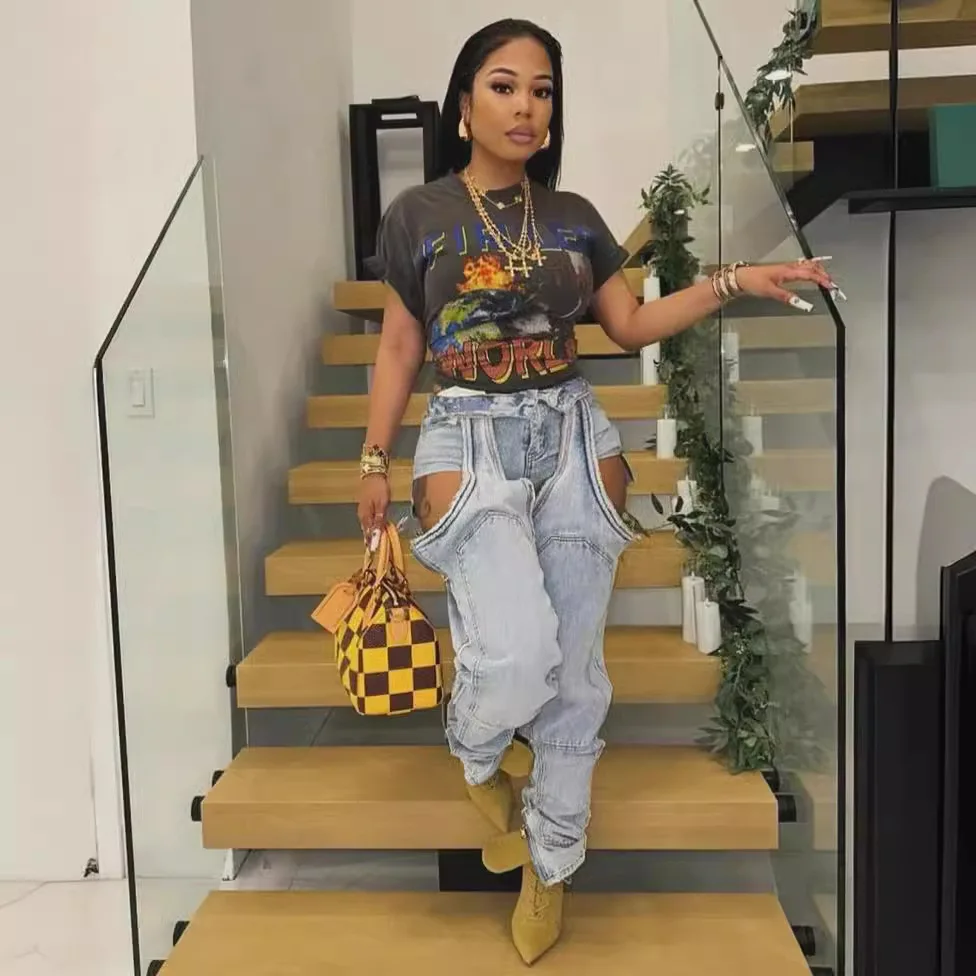 

Faionable Asymmetrical Hollow out Zipper Elastic Denim Jeans High Waist Straight Leg Long Pants Spring 2023 Ladies Premium