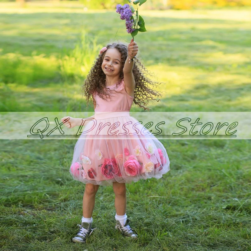 Vestido personalizado de satén con cuello redondo para niña, vestido de fiesta sin mangas para boda, corte en A, hasta la rodilla, tul, ceremoni para niño pequeño, 2022