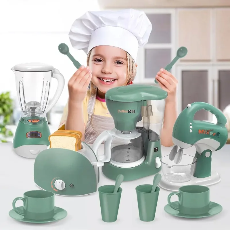 

Игровой набор кухонной техники для детей со звуком и светом: кофеварка, миксер, тостер, блендер. Подарки для детской кухни.