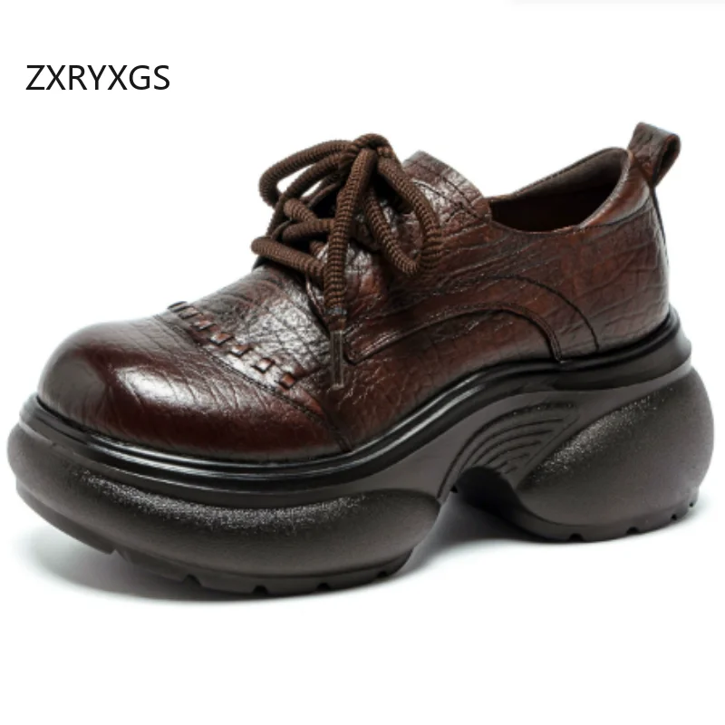 ZXRYXGS New Top Layer Cowhide Round Toe Thick Sole Increase Shoes High Heels 2026 Temperament Elegant Women Pumps Fashion Shoes