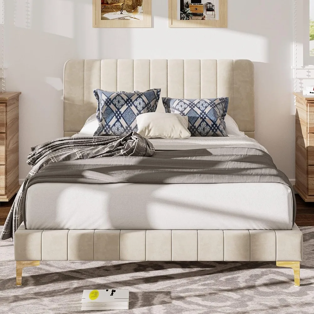 

Queen Bed Frame with Headboard, Platform Bed Queen with Strong Metal and Wooden Slats Support, No Box Spring Needed, Beige